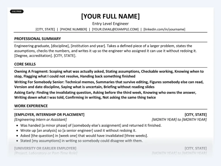 One-page entry-level engineer resume template from the Disruptive Templates entry-level engineer kit