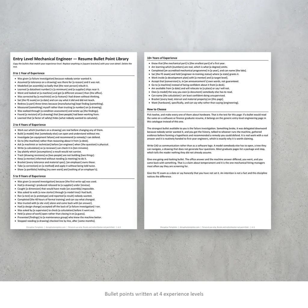 Entry Level Mechanical Engineer resume bullet points written at four experience levels