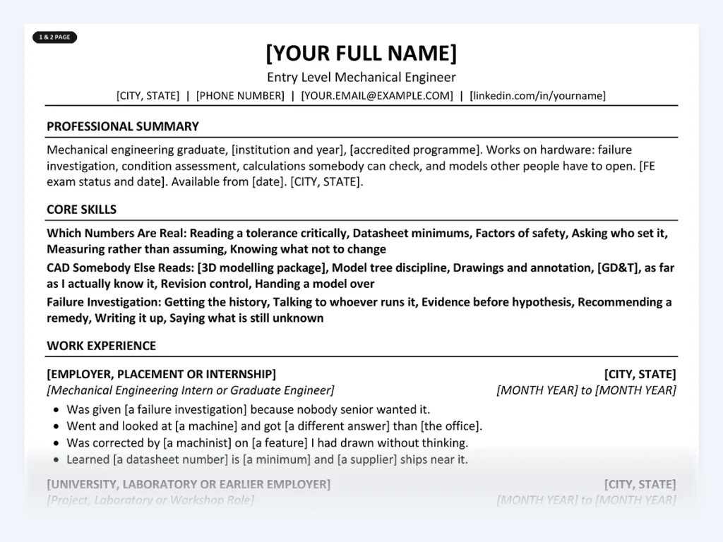 Entry Level Mechanical Engineer resume template, one page, ATS-friendly layout