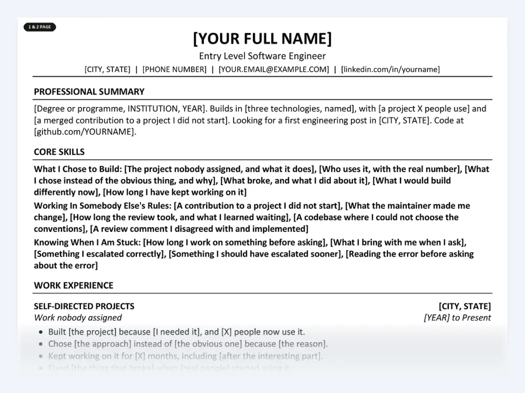 Entry Level Software Engineer resume template, one page, ATS-friendly layout