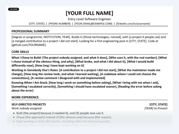 Entry Level Software Engineer resume template, one page, ATS-friendly layout