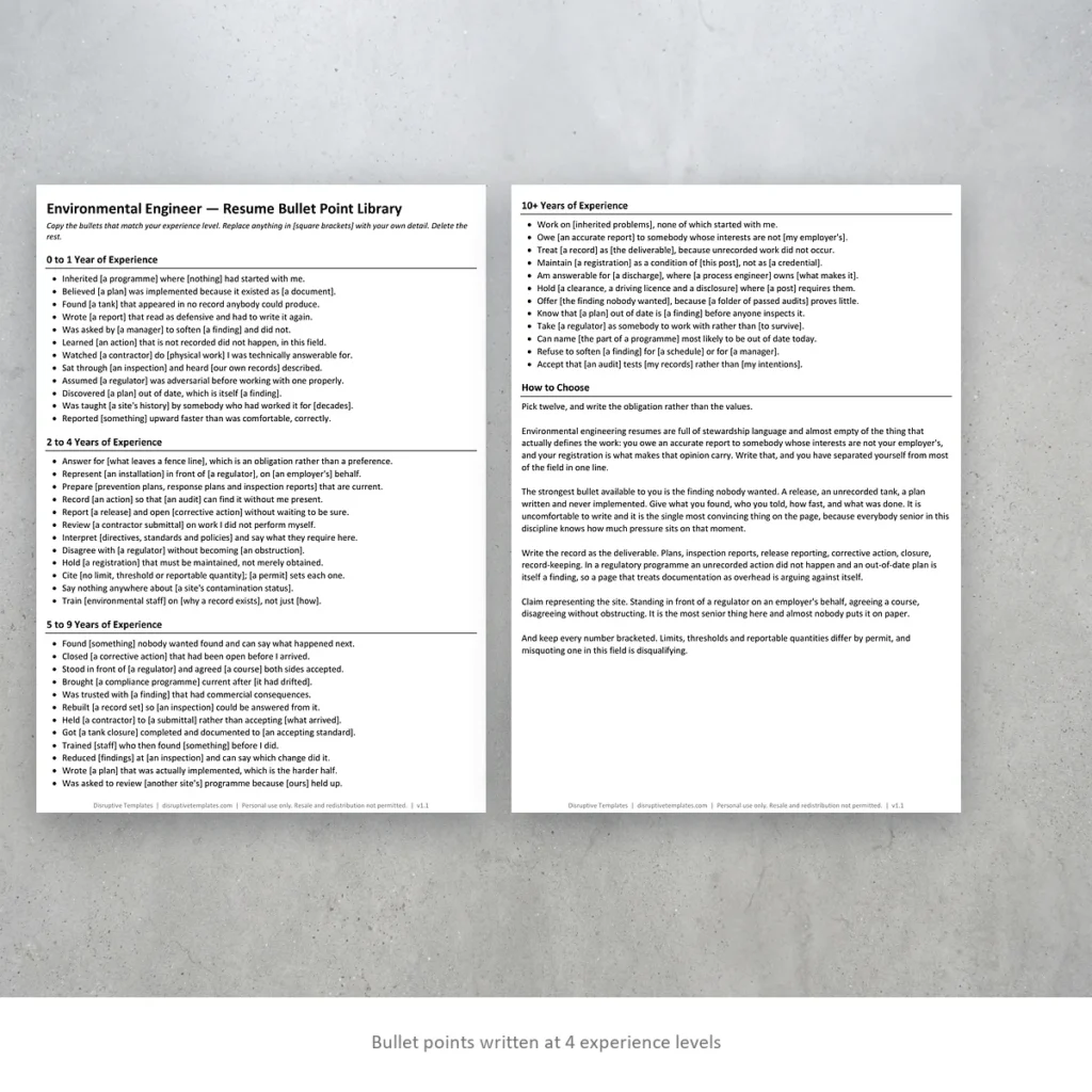 Environmental Engineer resume bullet points written at four experience levels
