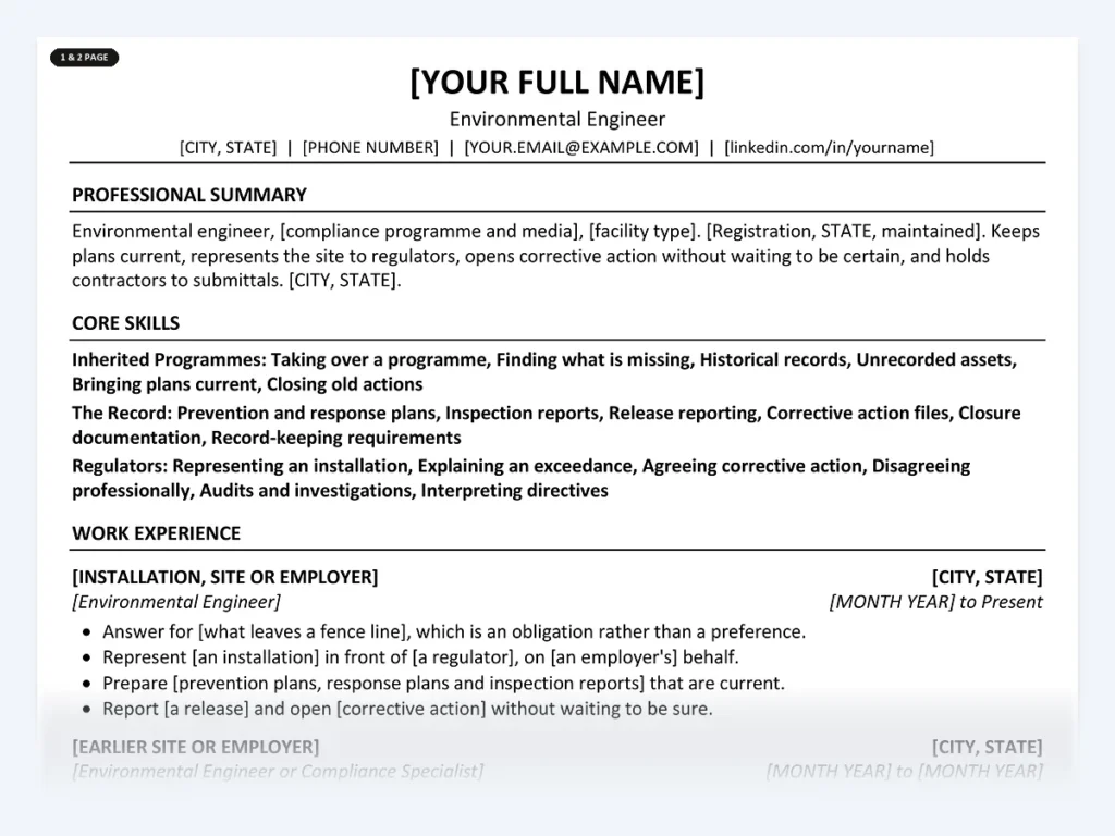Environmental Engineer resume template, one page, ATS-friendly layout