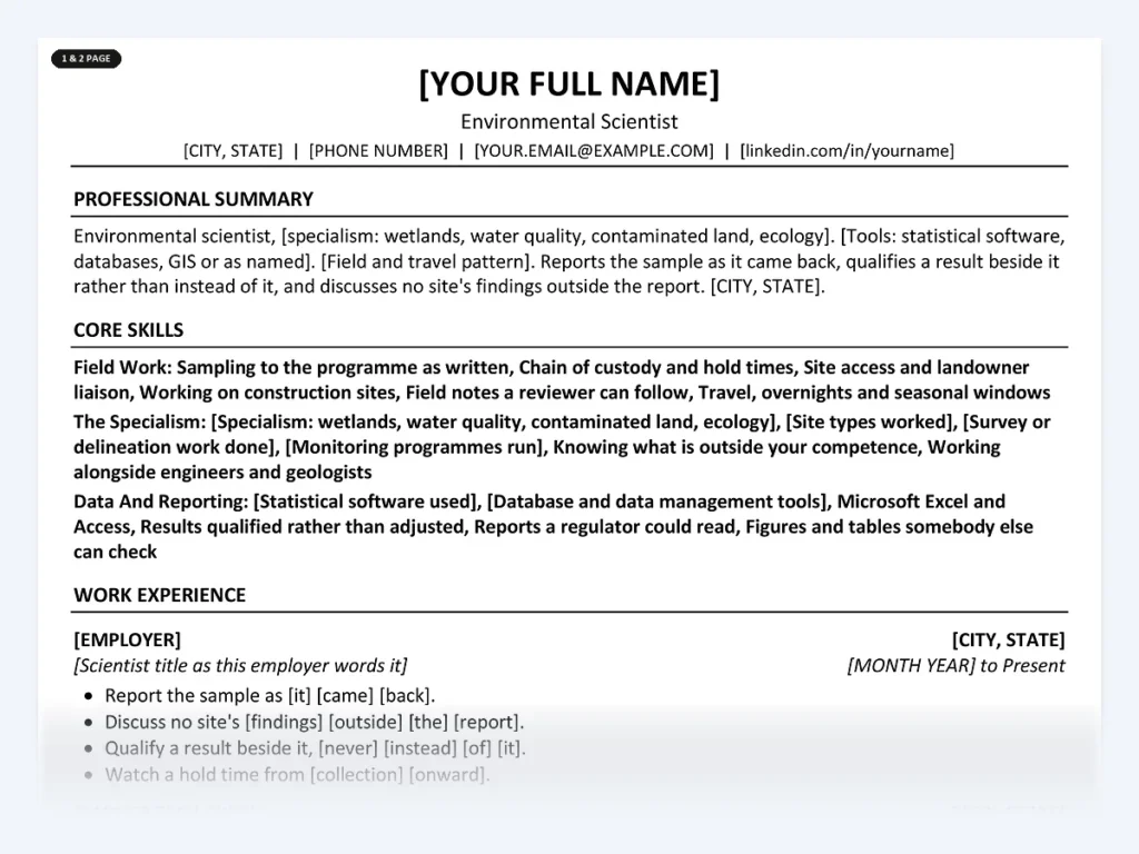Environmental Scientist resume template, one page, ATS-friendly layout