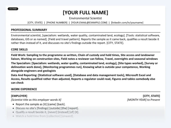 Environmental Scientist resume template, one page, ATS-friendly layout
