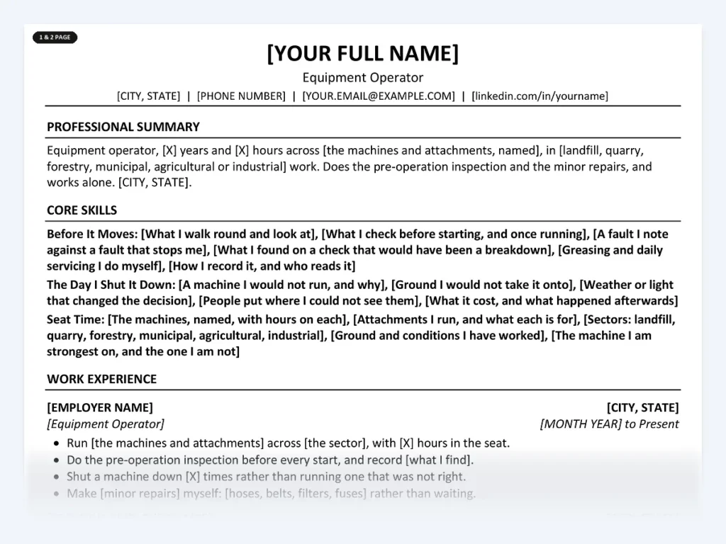 Equipment Operator resume template, one page, ATS-friendly layout