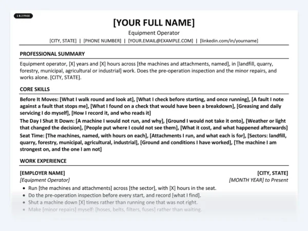 Equipment Operator resume template, one page, ATS-friendly layout