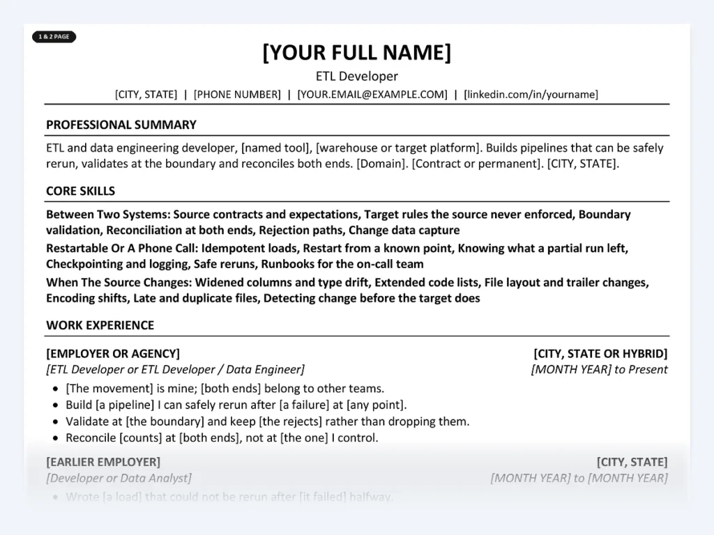 ETL Developer resume template, one page, ATS-friendly layout