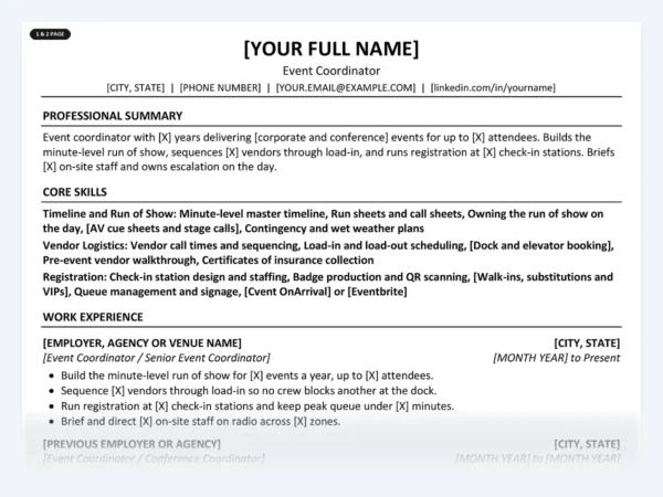 Event Coordinator resume template, one page, ATS-friendly layout