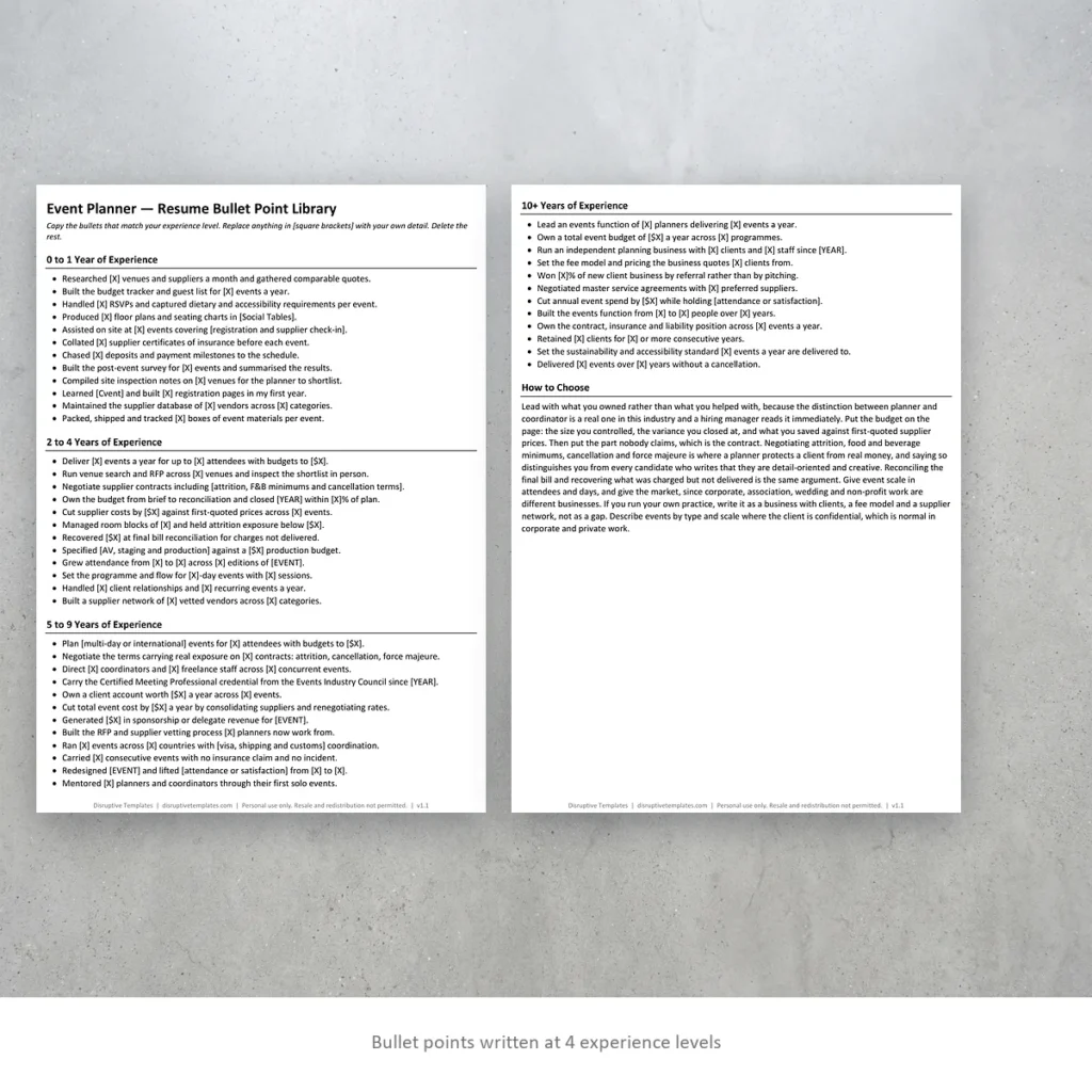 Event Planner resume bullet points written at four experience levels