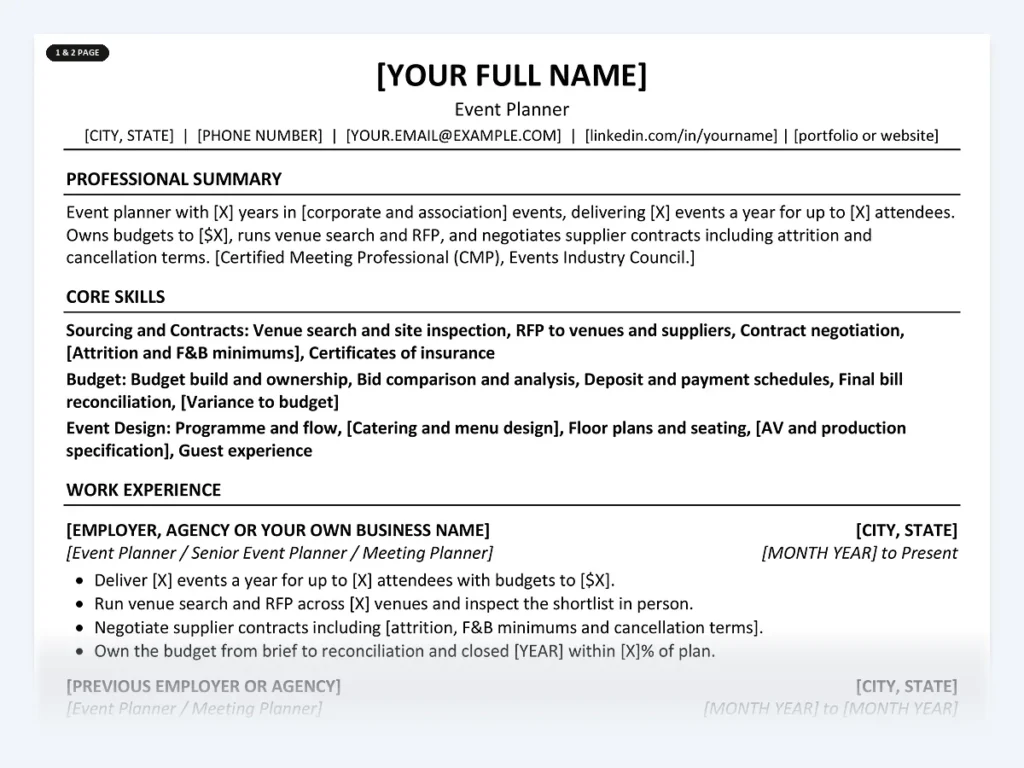 Event Planner resume template, one page, ATS-friendly layout