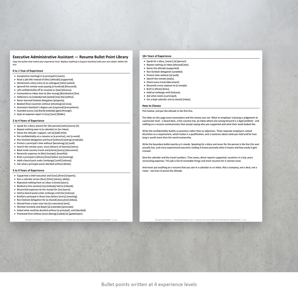 Executive Administrative Assistant resume bullet points written at four experience levels