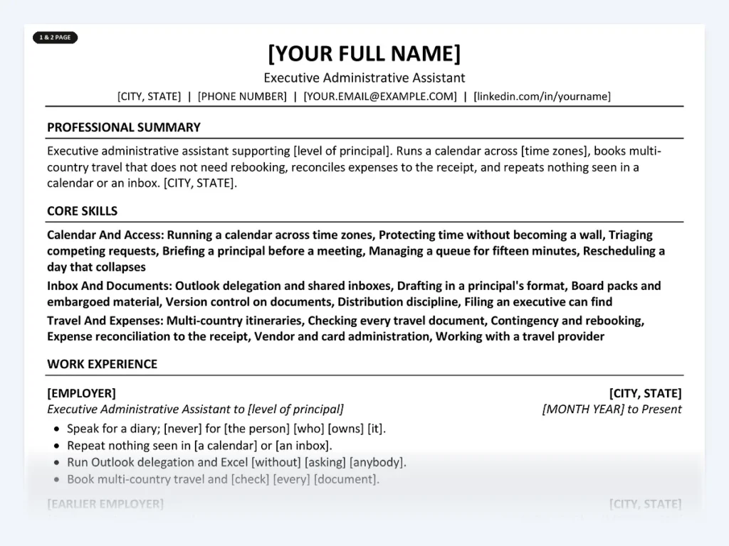 Executive Administrative Assistant resume template, one page, ATS-friendly layout