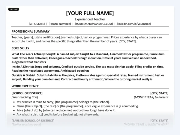 Experienced Teacher resume template, one page, ATS-friendly layout