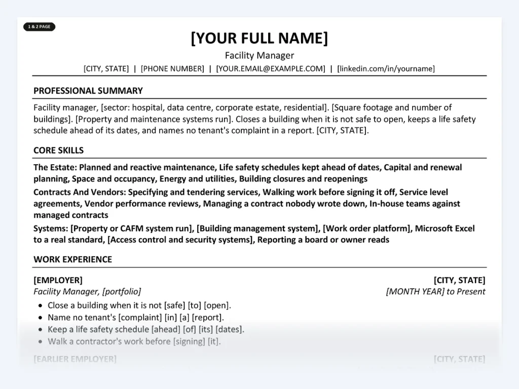 Facility Manager resume template, one page, ATS-friendly layout