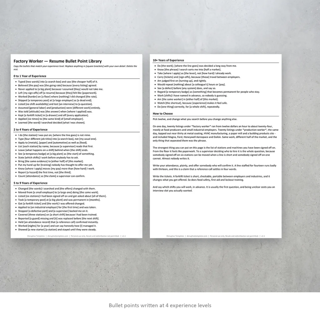 Factory Worker resume bullet points written at four experience levels