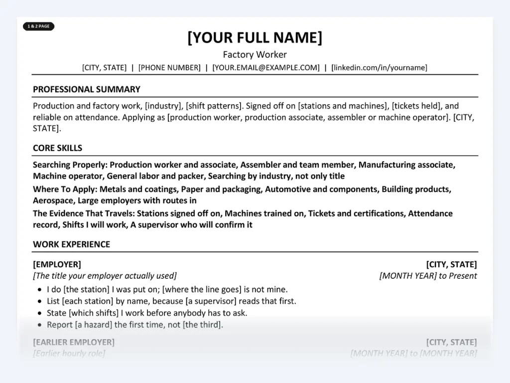 Factory Worker resume template, one page, ATS-friendly layout
