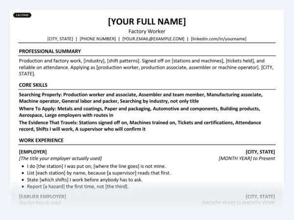 Factory Worker resume template, one page, ATS-friendly layout