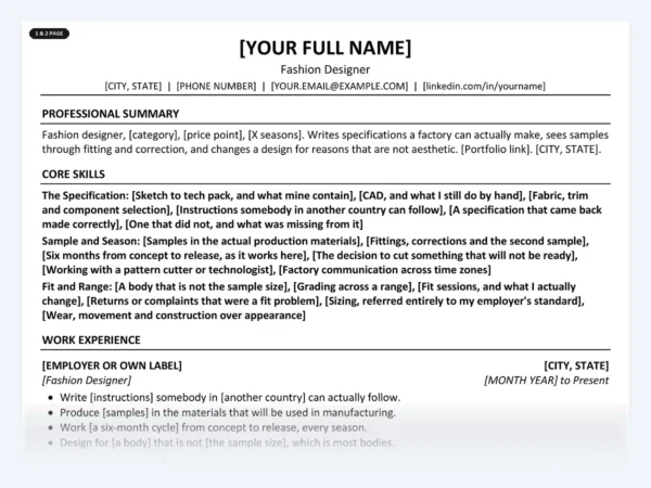 Fashion Designer resume template, one page, ATS-friendly layout