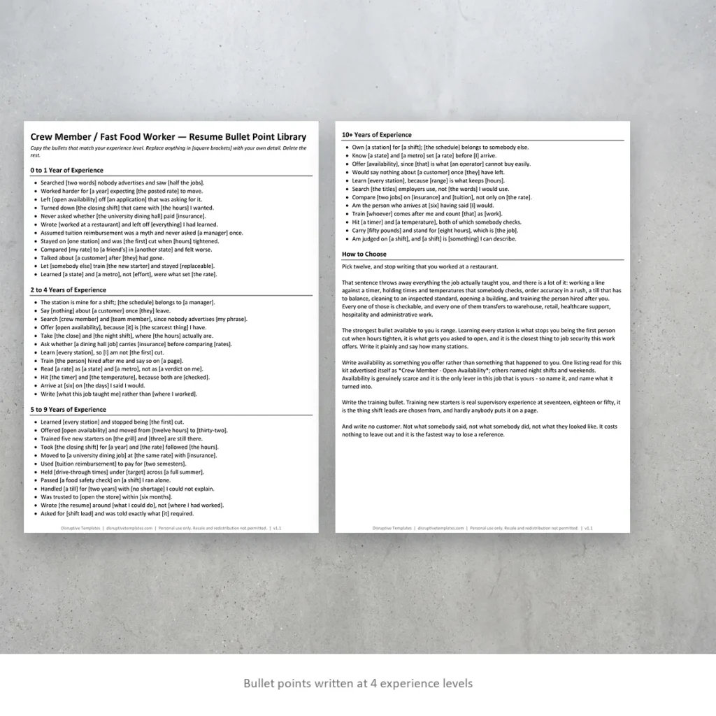Crew Member / Fast Food Worker resume bullet points written at four experience levels