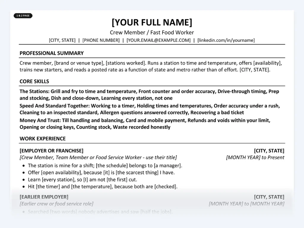 Crew Member / Fast Food Worker resume template, one page, ATS-friendly layout
