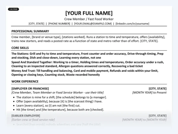 Crew Member / Fast Food Worker resume template, one page, ATS-friendly layout