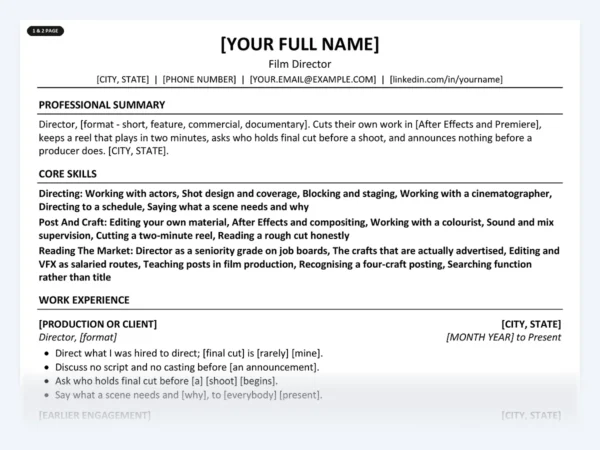 Film Director resume template, one page, ATS-friendly layout