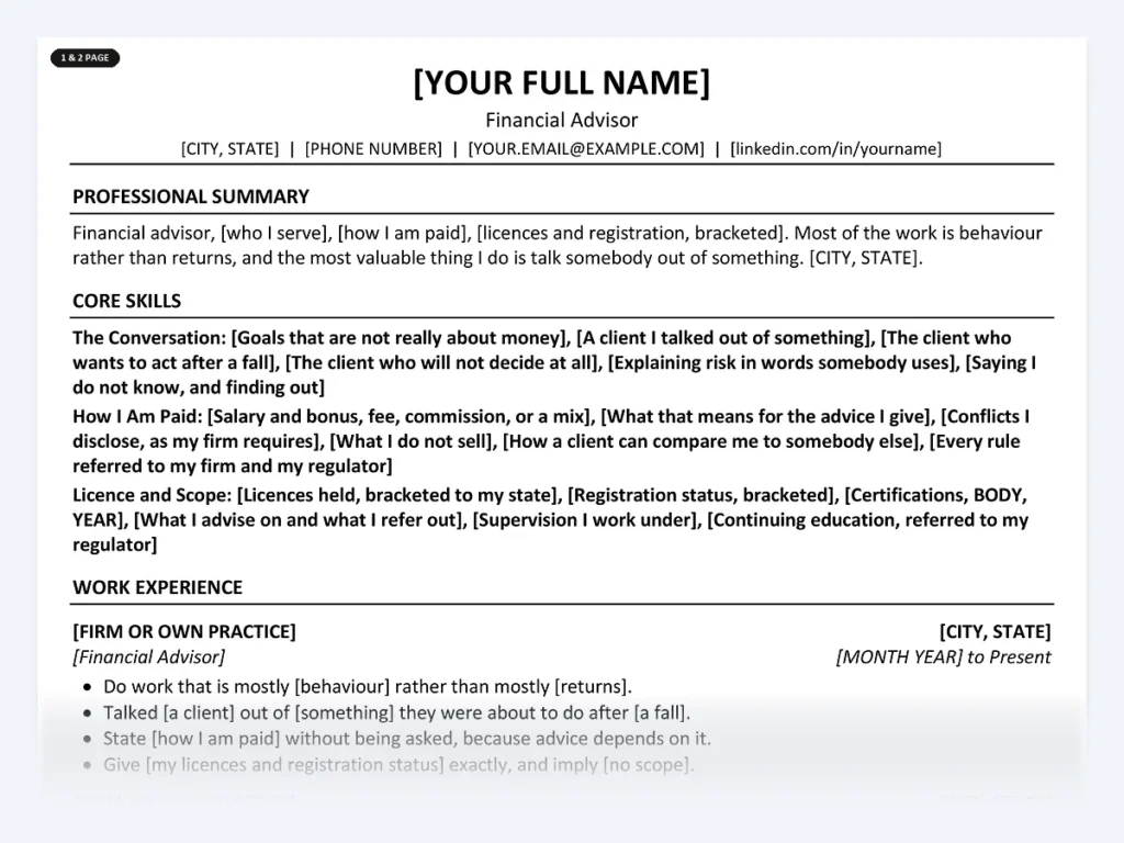Financial Advisor resume template, one page, ATS-friendly layout