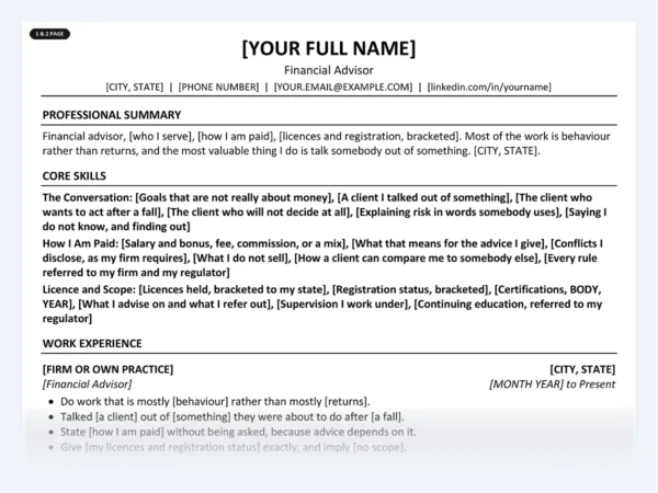 Financial Advisor resume template, one page, ATS-friendly layout