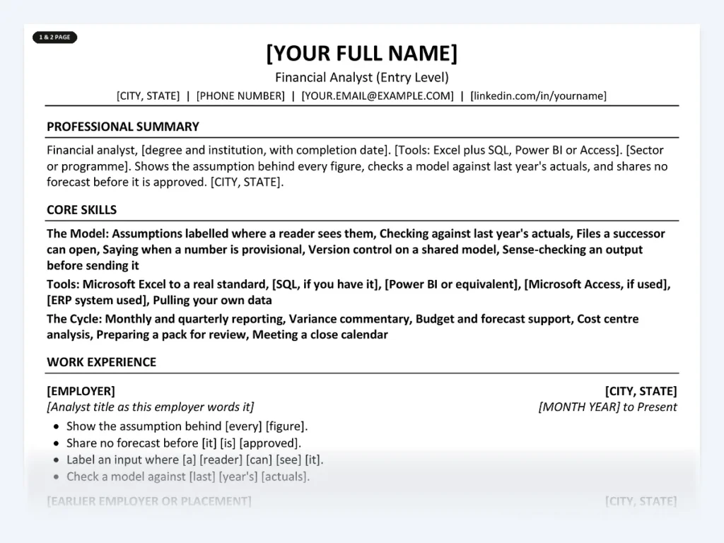 Financial Analyst (Entry Level) resume template, one page, ATS-friendly layout