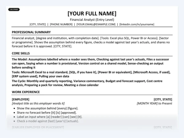 Financial Analyst (Entry Level) resume template, one page, ATS-friendly layout