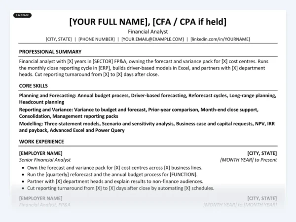 Financial Analyst resume template, one page, ATS-friendly layout