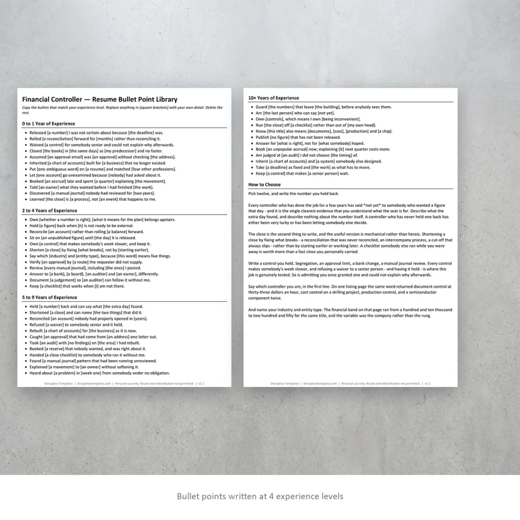 Financial Controller resume bullet points written at four experience levels