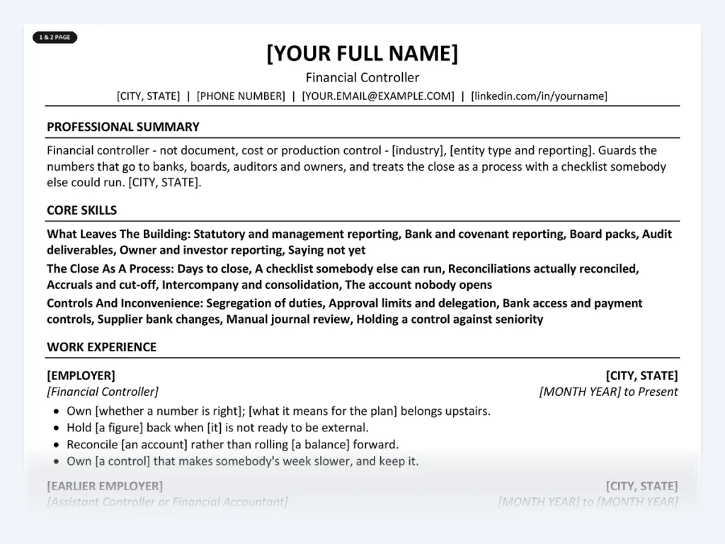 Financial Controller resume template, one page, ATS-friendly layout