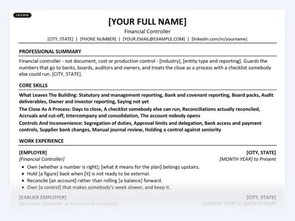 Financial Controller resume template, one page, ATS-friendly layout