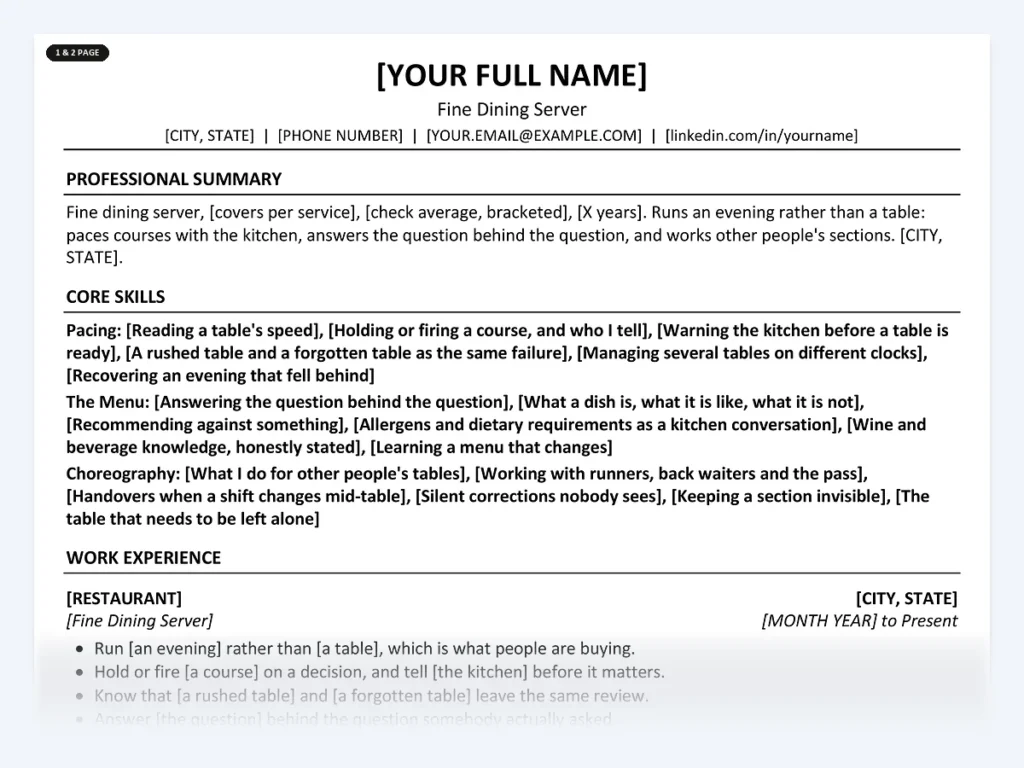 Fine Dining Server resume template, one page, ATS-friendly layout