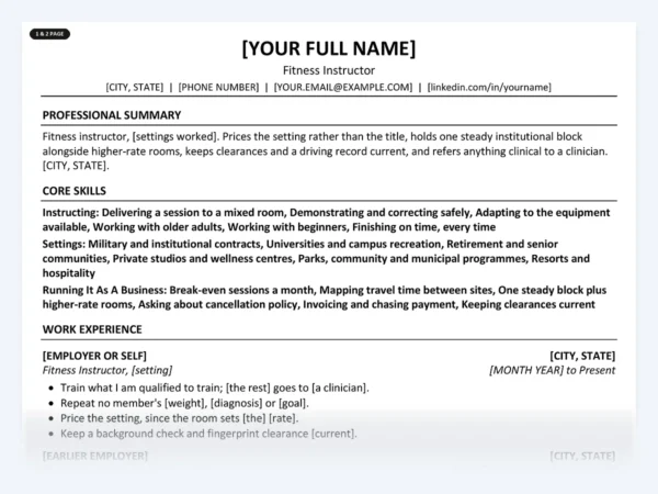 Fitness Instructor resume template, one page, ATS-friendly layout