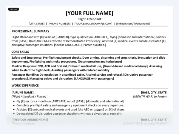 Flight Attendant resume template, one page, ATS-friendly layout