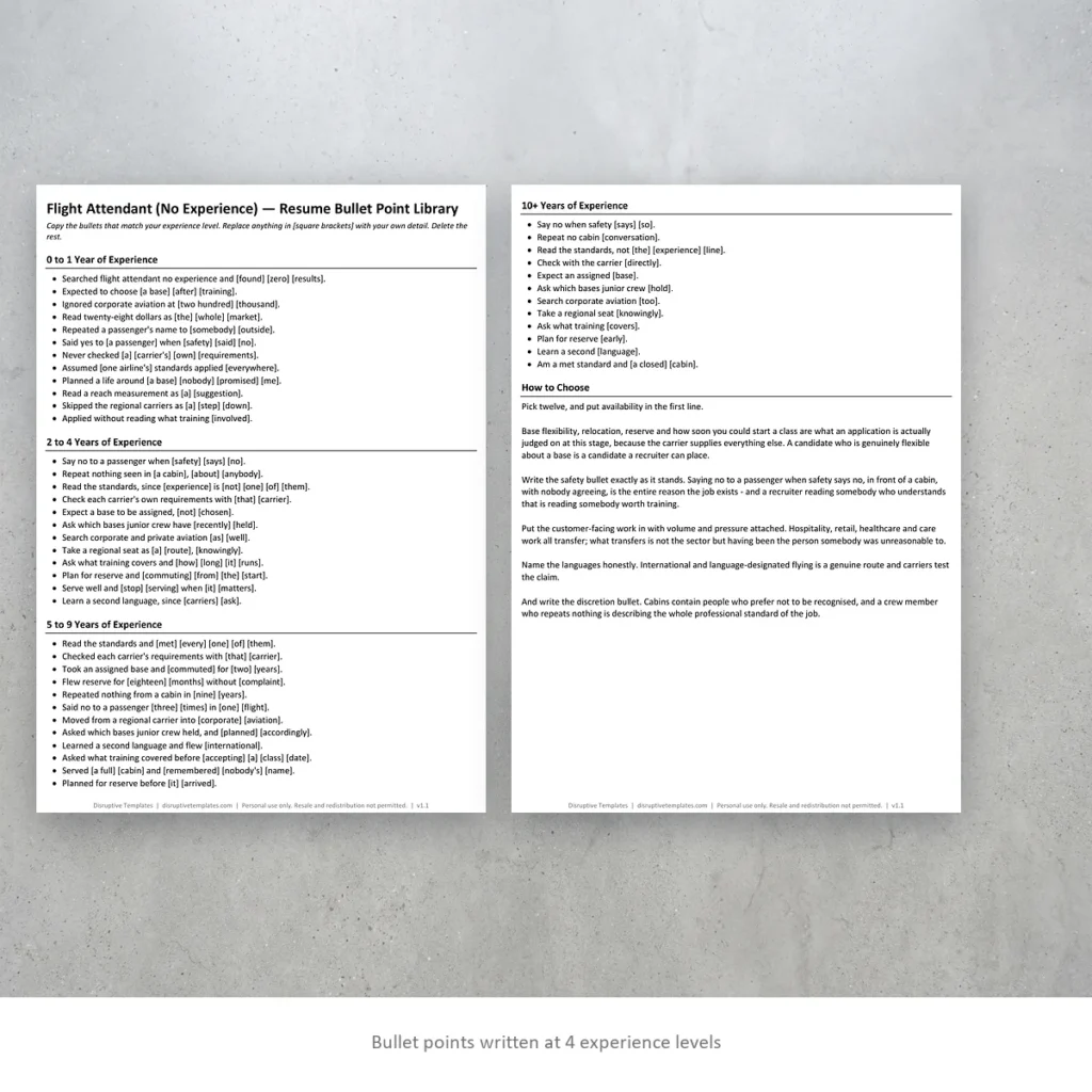 Flight Attendant (No Experience) resume bullet points written at four experience levels