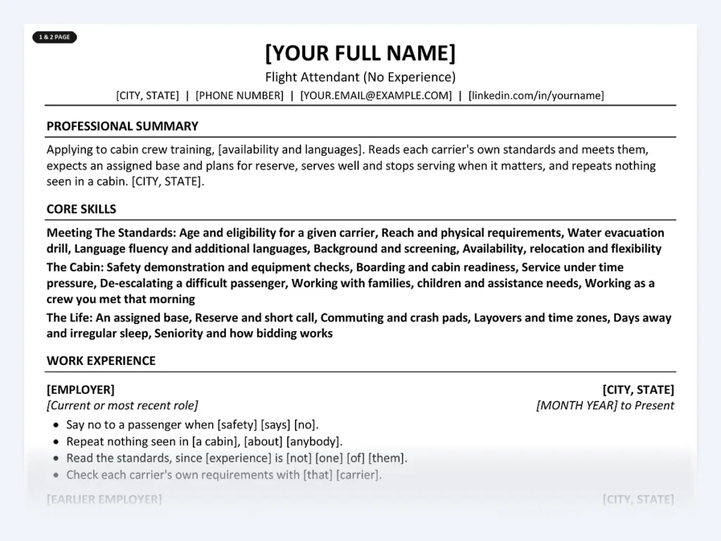 Flight Attendant (No Experience) resume template, one page, ATS-friendly layout