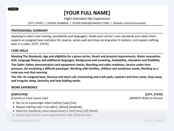Flight Attendant (No Experience) resume template, one page, ATS-friendly layout