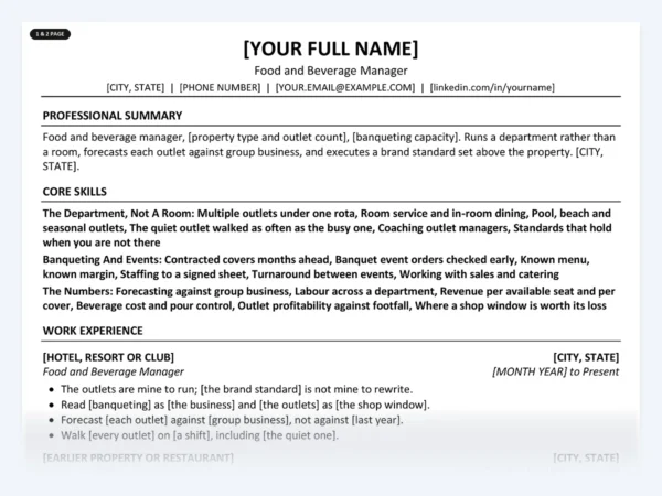 Food and Beverage Manager resume template, one page, ATS-friendly layout