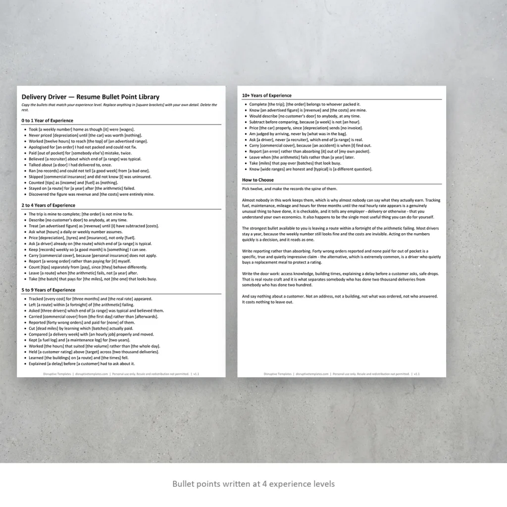 Delivery Driver resume bullet points written at four experience levels