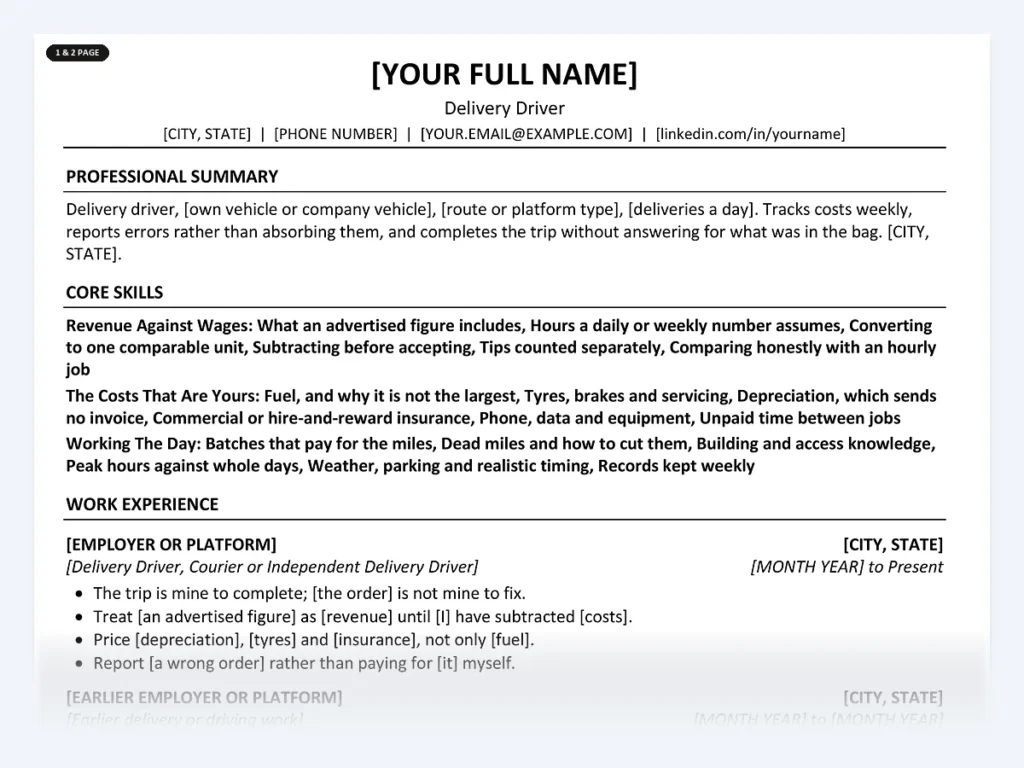 Delivery Driver resume template, one page, ATS-friendly layout