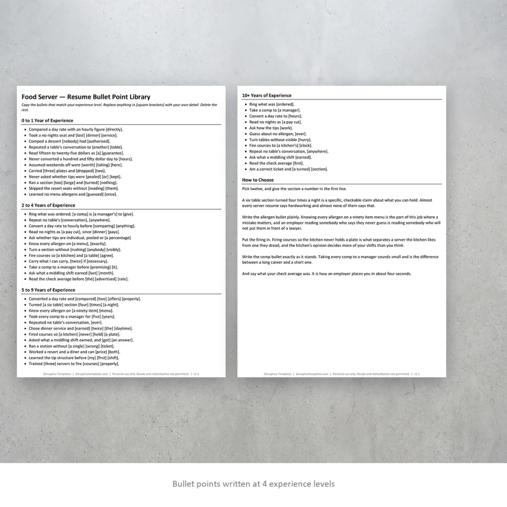 Food Server resume bullet points written at four experience levels