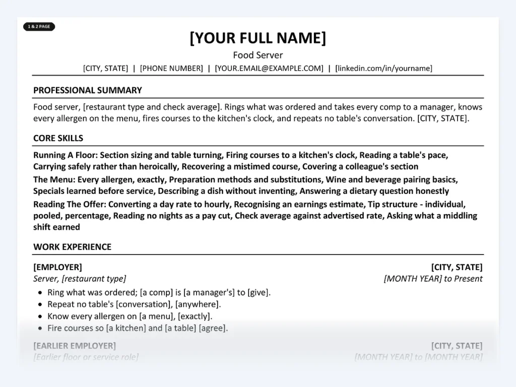 Food Server resume template, one page, ATS-friendly layout