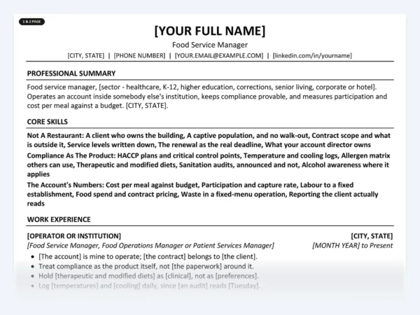 Food Service Manager resume template, one page, ATS-friendly layout