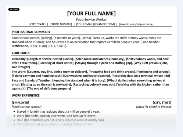 Food Service Worker resume template, one page, ATS-friendly layout