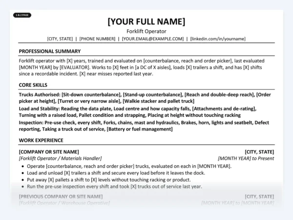 Forklift Operator resume template, one page, ATS-friendly layout