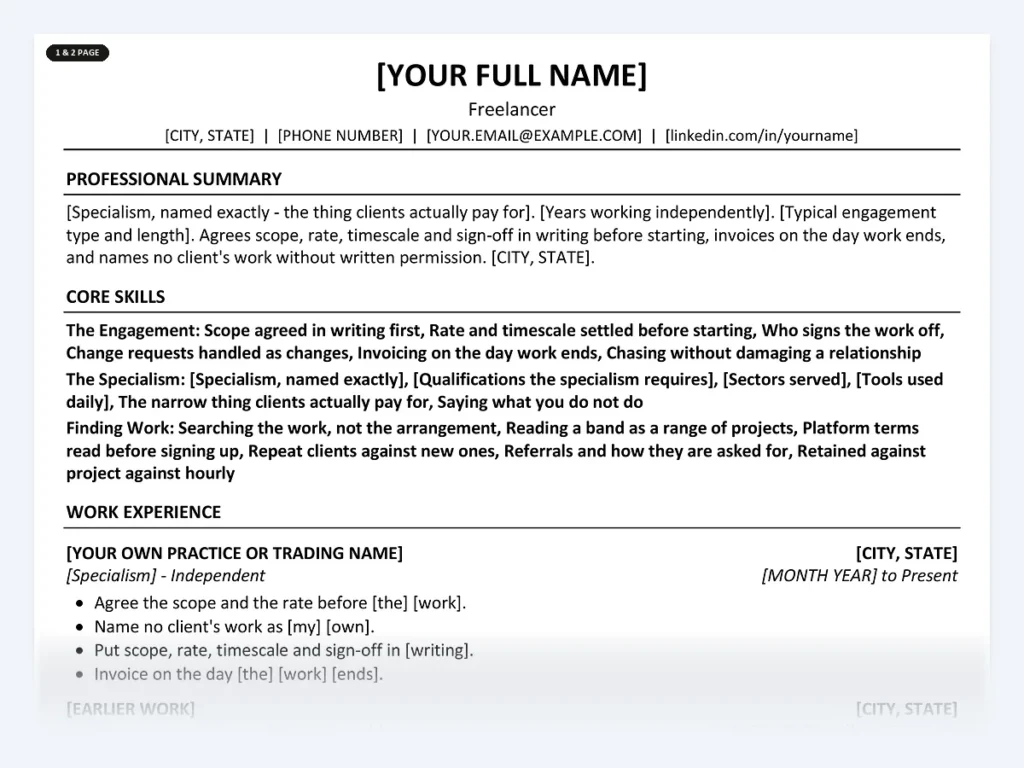 Freelancer resume template, one page, ATS-friendly layout